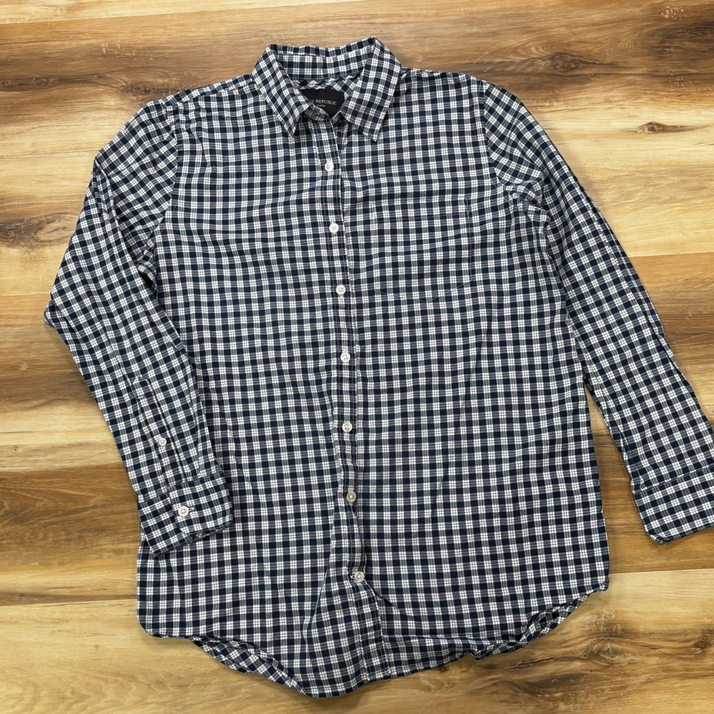 Banana Republic Shirt Size M Gingham Check Cotton Soft Wash Navy Blue White